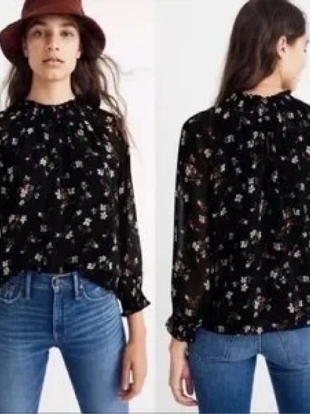 Madewell Black Floral Long-Sleeve Sheer Blouse